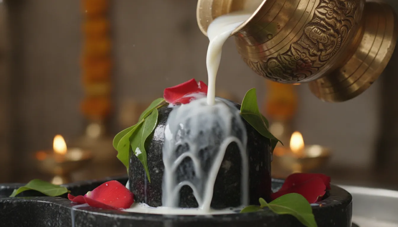 Sacred milk abhishekam ritual on a black stone shivling image in hd