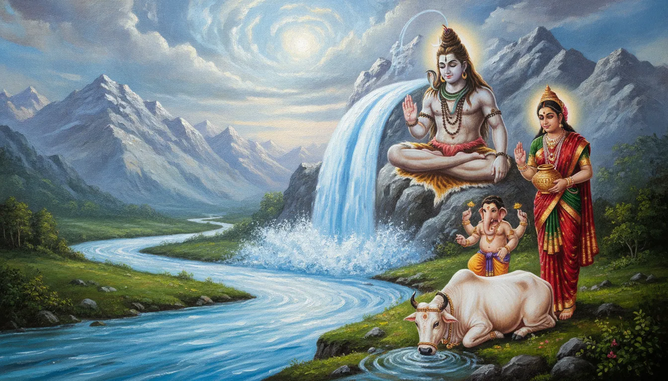 The holy river Ganga flowing from Lord Shiva's matted hair with Parvati and Ganesha watching in awe.
