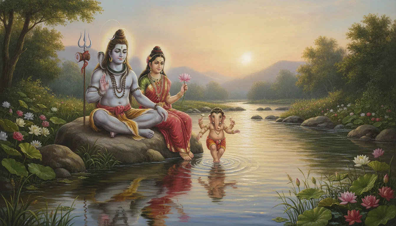 Divine family Shiva Parvati and Ganesha seated near the flowing holy river Ganga