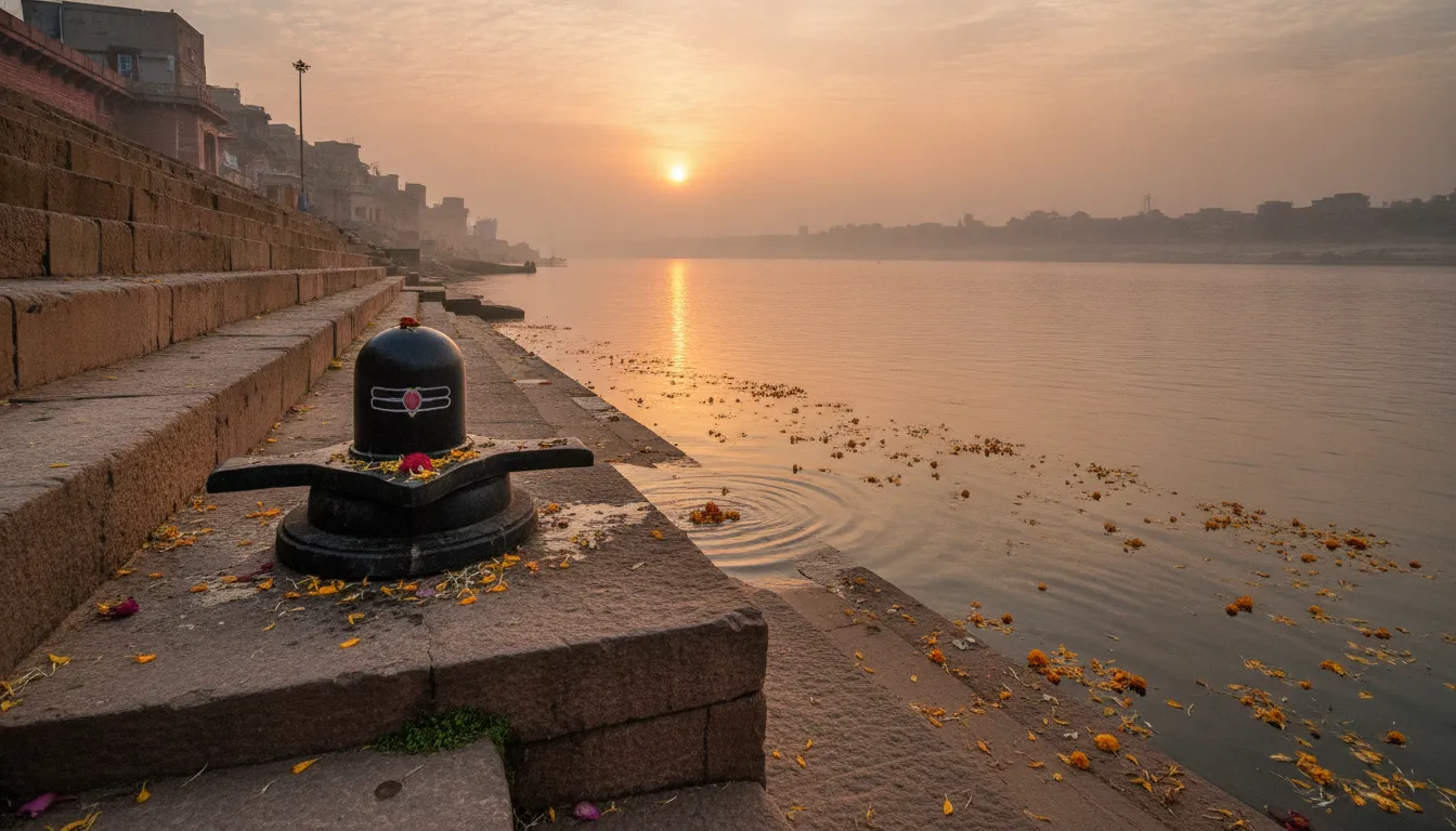 Spiritual black shivling hd images on the riverbank during sunrise.
