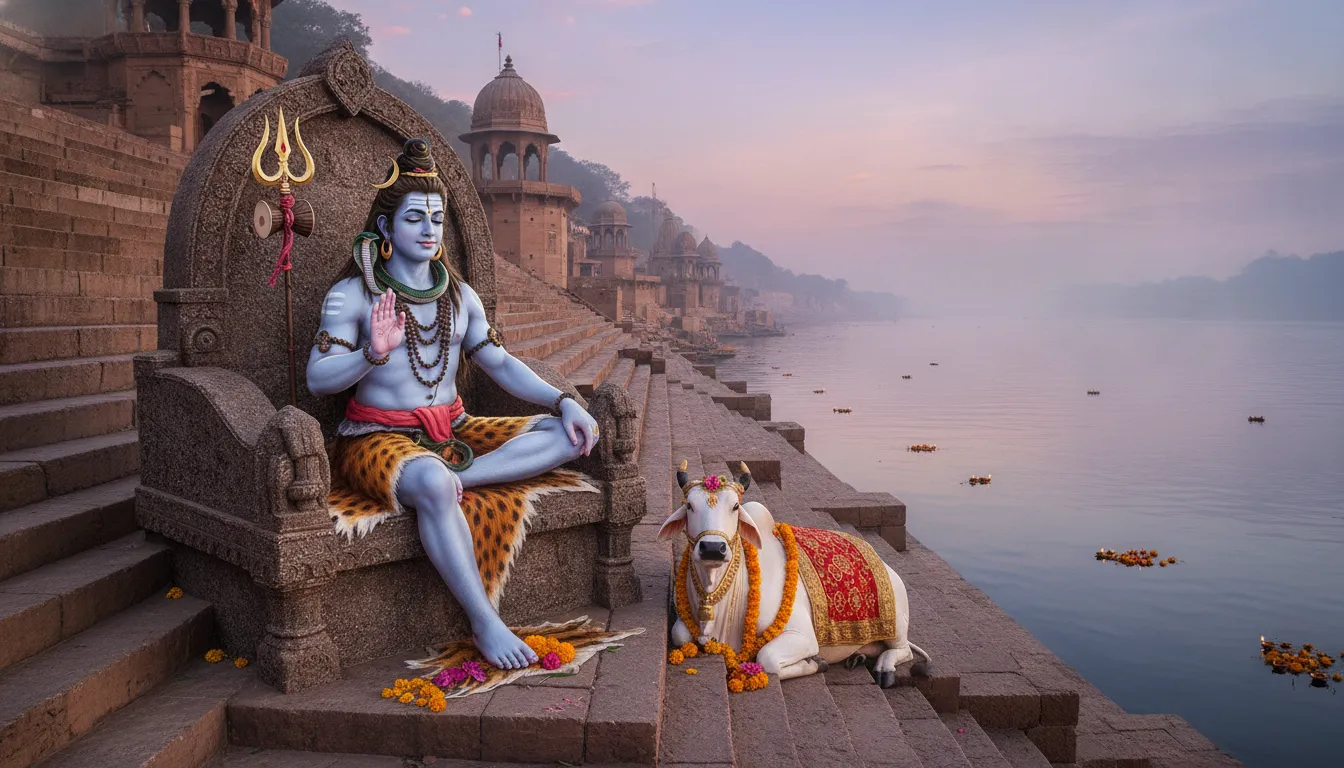 Lord Shiva sitting on a majestic stone throne by a flowing sacred river with Nandi.