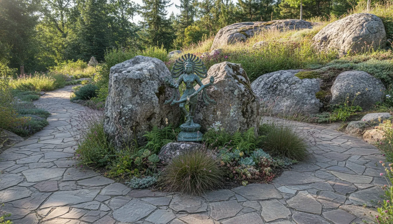A weather-worn bronze Nataraja statue nestled between large natural boulders along a winding stone garden path.