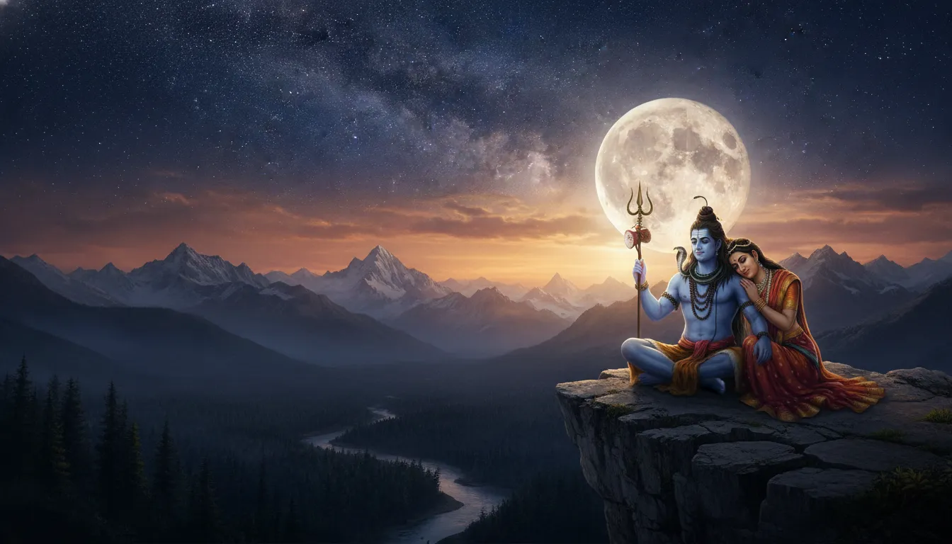 Shiva and Parvati watching the moon rise over distant mountains during a golden twilight