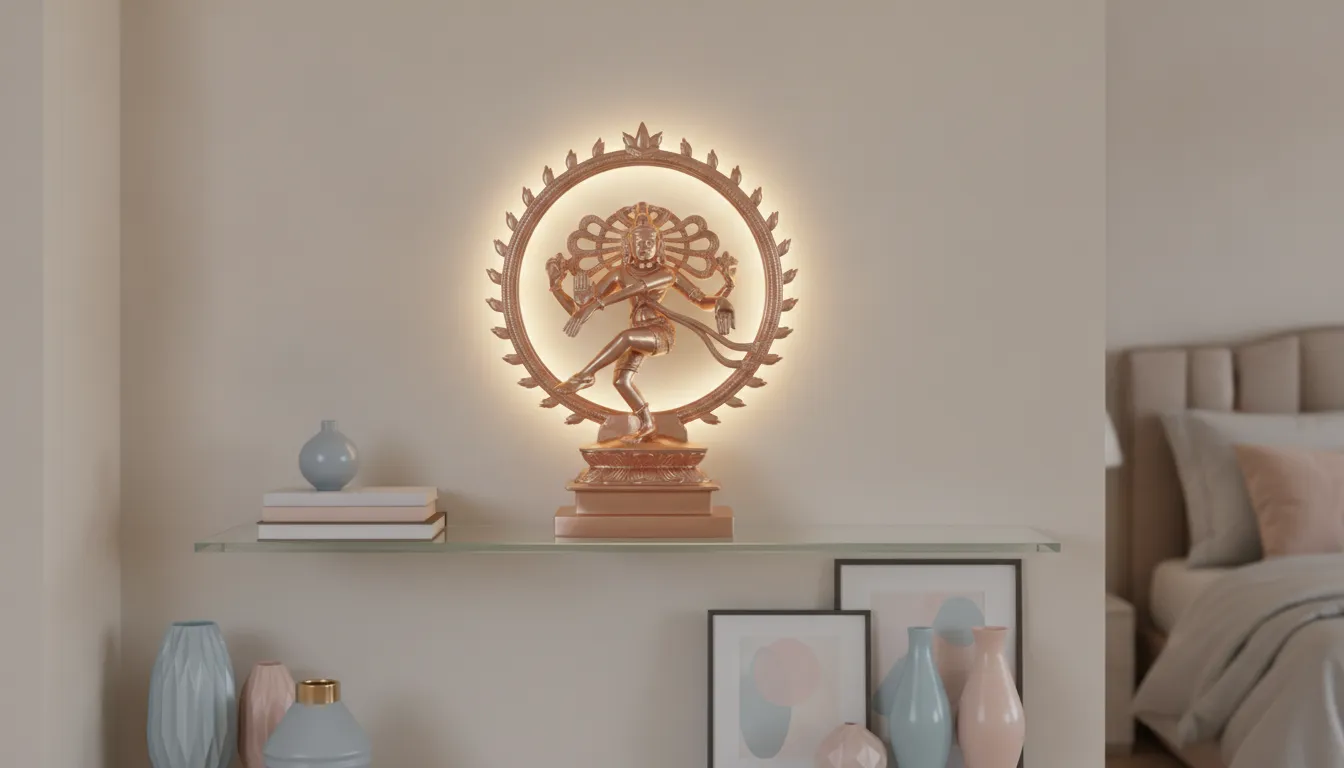 A modern rose gold Nataraja idol illuminated by soft hidden LED backlighting on a shelf.