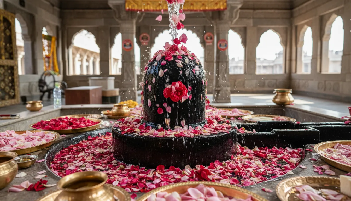 Original black Shivling being bathed in rose water mixed with pink rose petals.