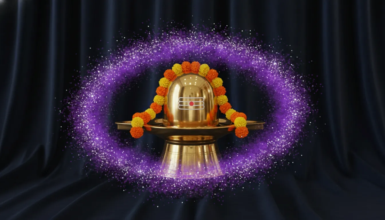 Brass Lord Shivling HD image with an animation of sparkling purple gulaal.