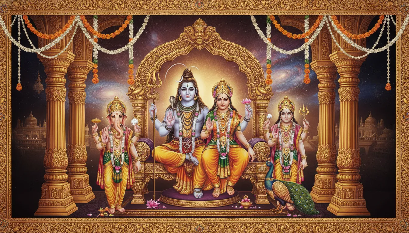 Royal court style durbar painting of Lord Shiva and Parvati sitting on a grand golden throne