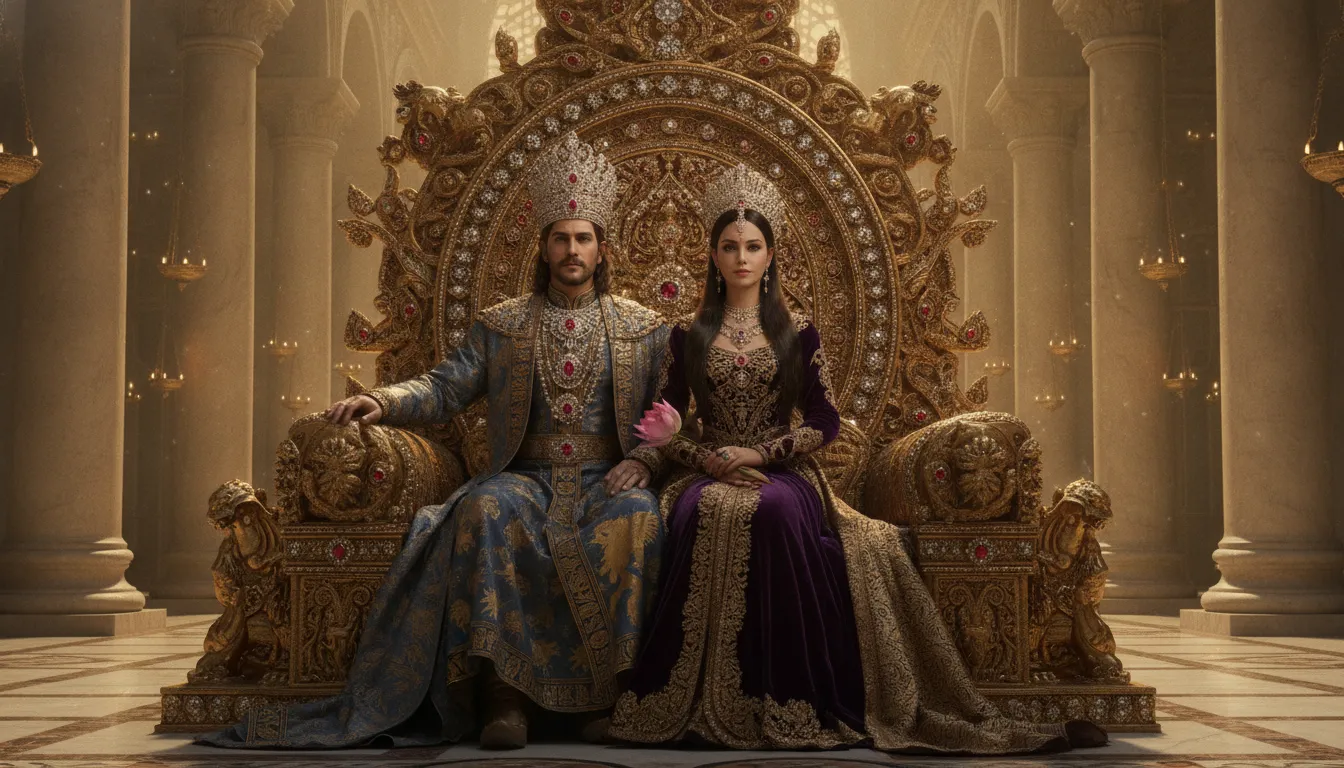 A regal divine couple sitting majestically on a grand golden throne inside an ancient temple palace hall.