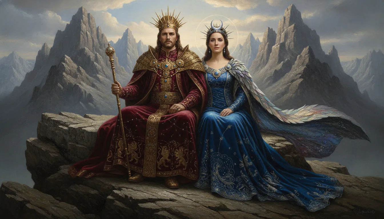 Divine couple seated on a rock with mountains in the background wearing royal attire