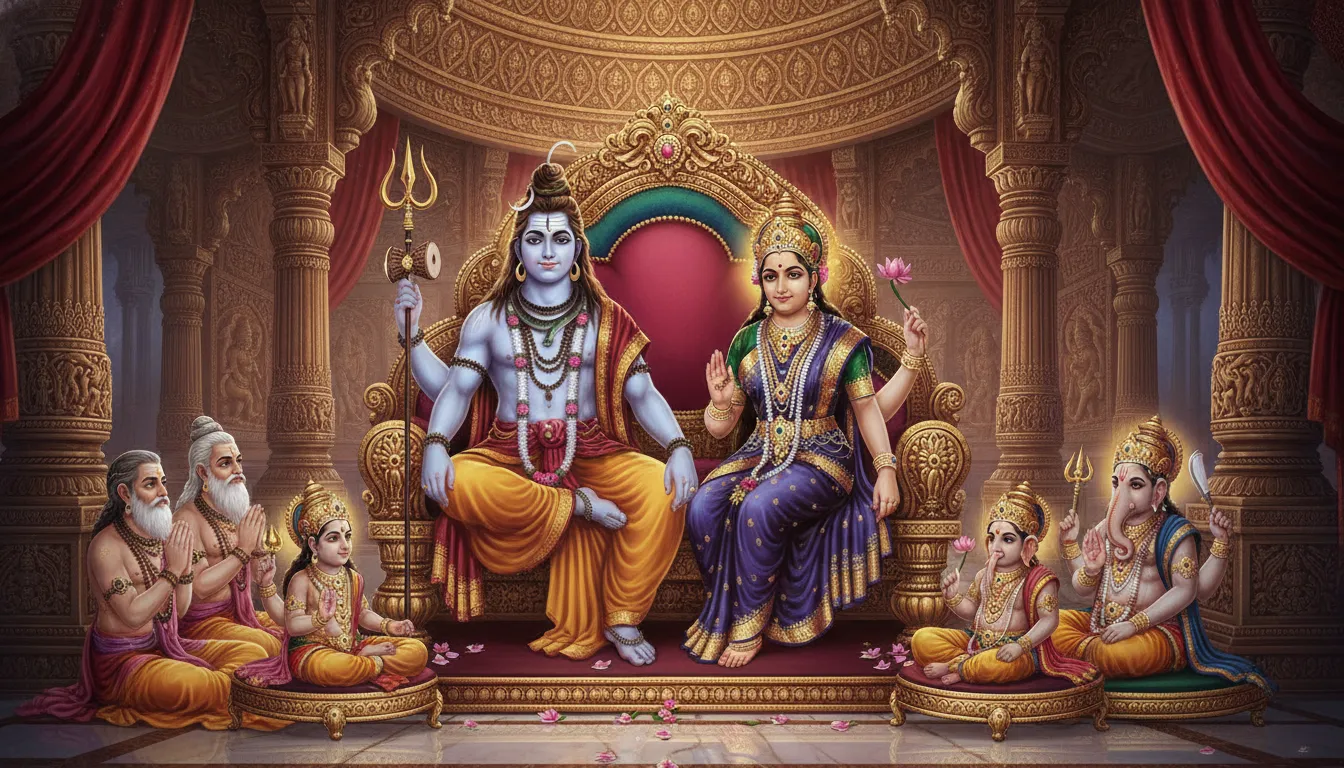 Shiva and Parvati seated on a grand golden throne with Ganesha and attendants
