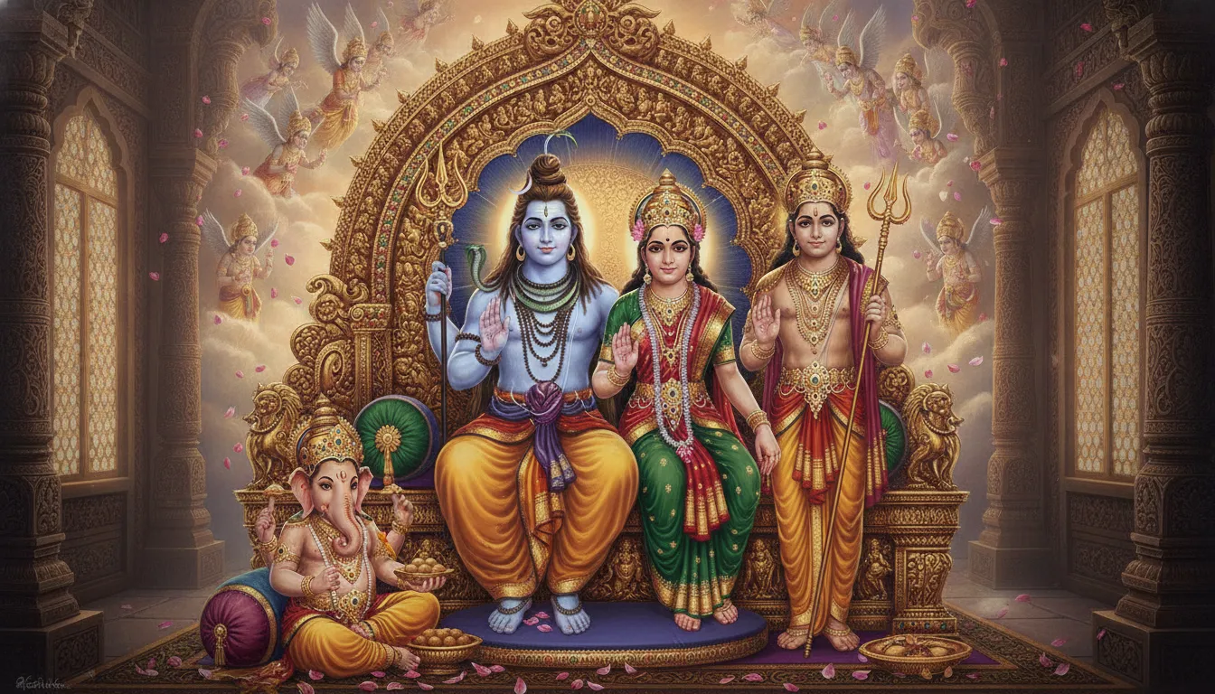 Lord Shiva and Parvati seated on a golden throne as king and queen with their sons