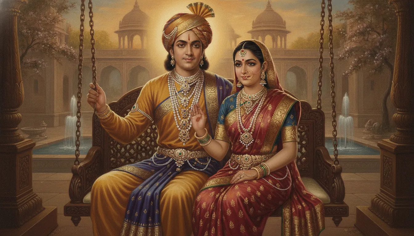 Divine couple in royal heritage silk attire with gold jewelry sitting on a carved wooden swing