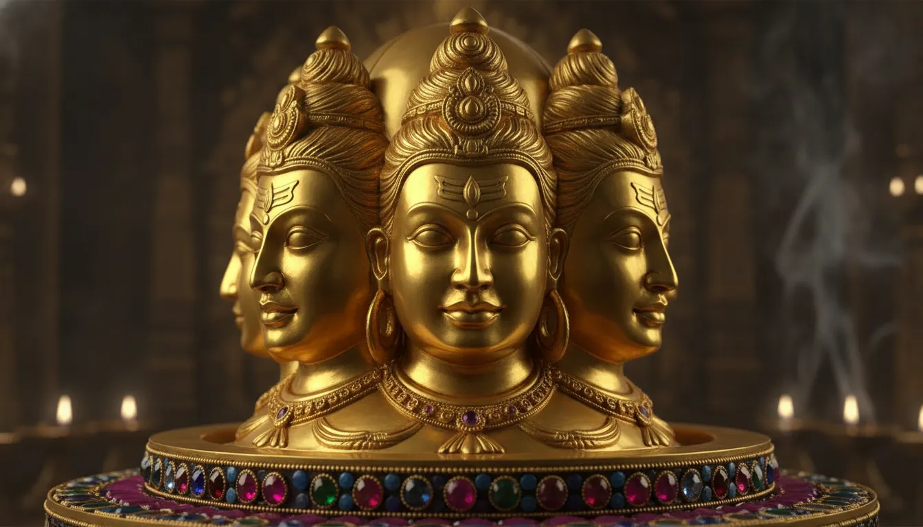 Intricately carved golden panchmukhi shivling displaying carved faces of Lord Shiva with detailed ornaments.