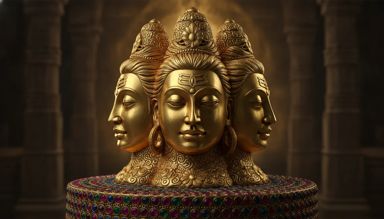 Intricately carved golden panchmukhi shivling displaying carved faces of Lord Shiva with detailed ornaments.