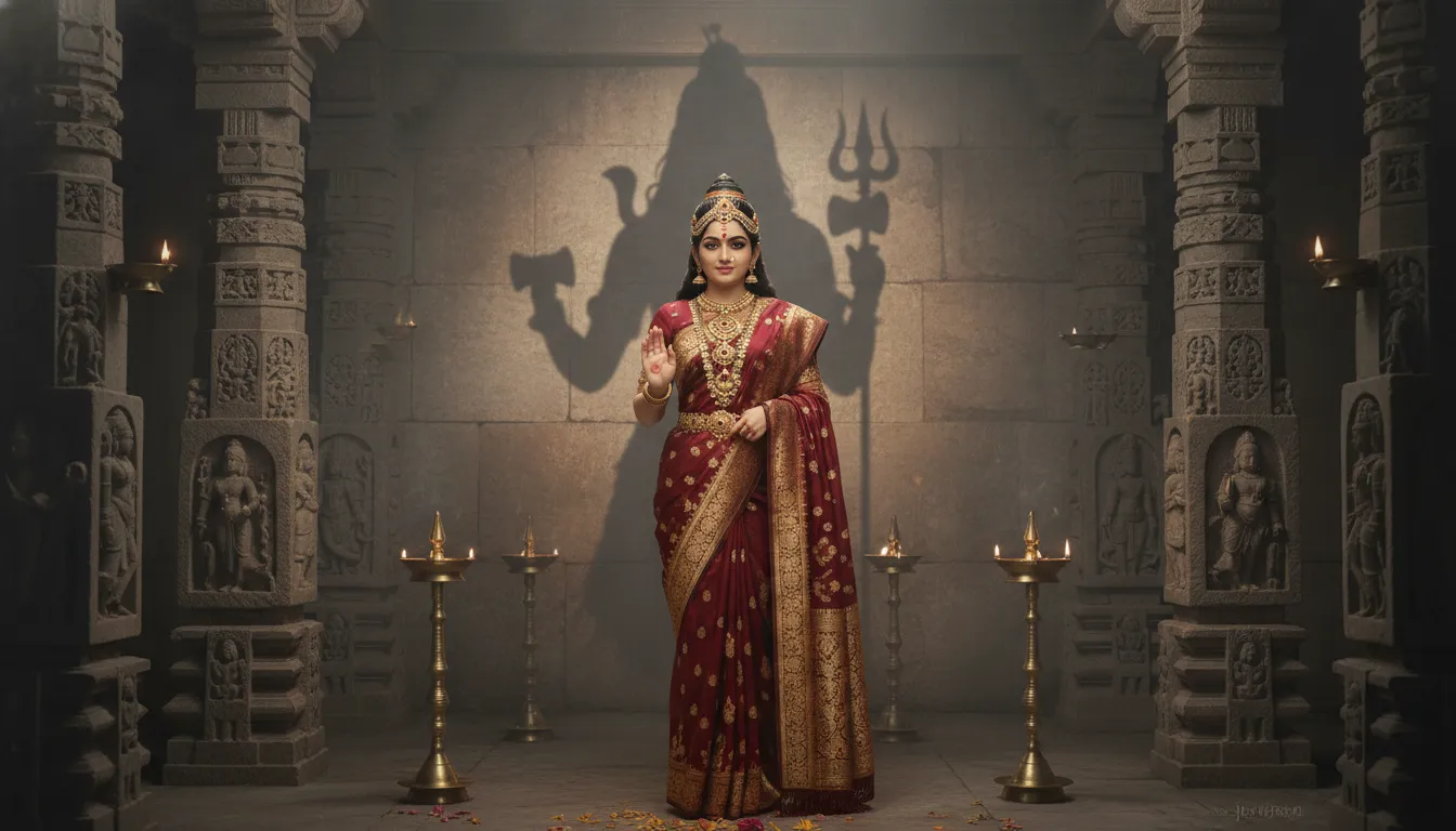 goddess parvati royal red saree ancient temple background lord shiva shadow
