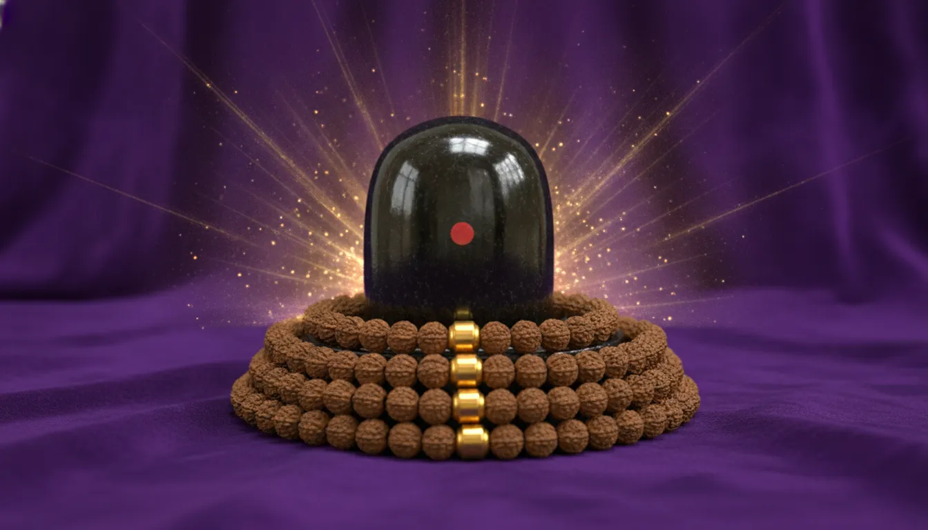 A majestic black Shivling with a detailed Rudraksha mala against a luxury dark purple velvet background with golden light leaks