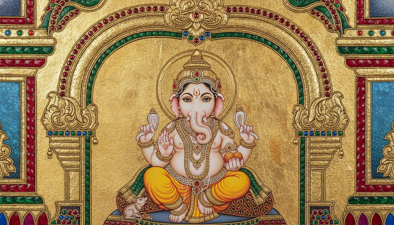 Traditional South Indian Tanjore painting of Lord Ganesha embellished with real gold foil and semi-precious stones.