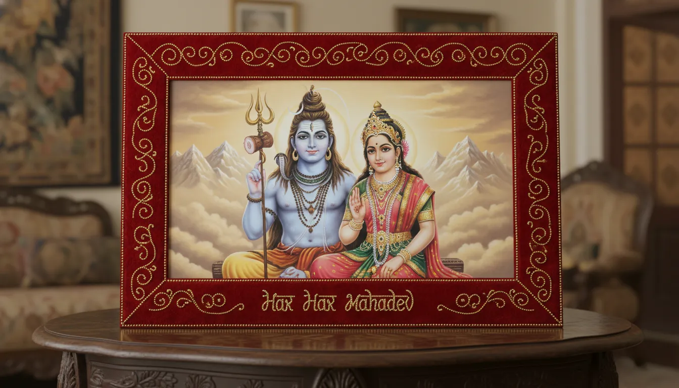 Luxury royal velvet border har har mahadev photo frame with stone work
