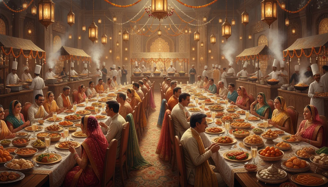 Illustration of a grand wedding feast with guests enjoying traditional food.