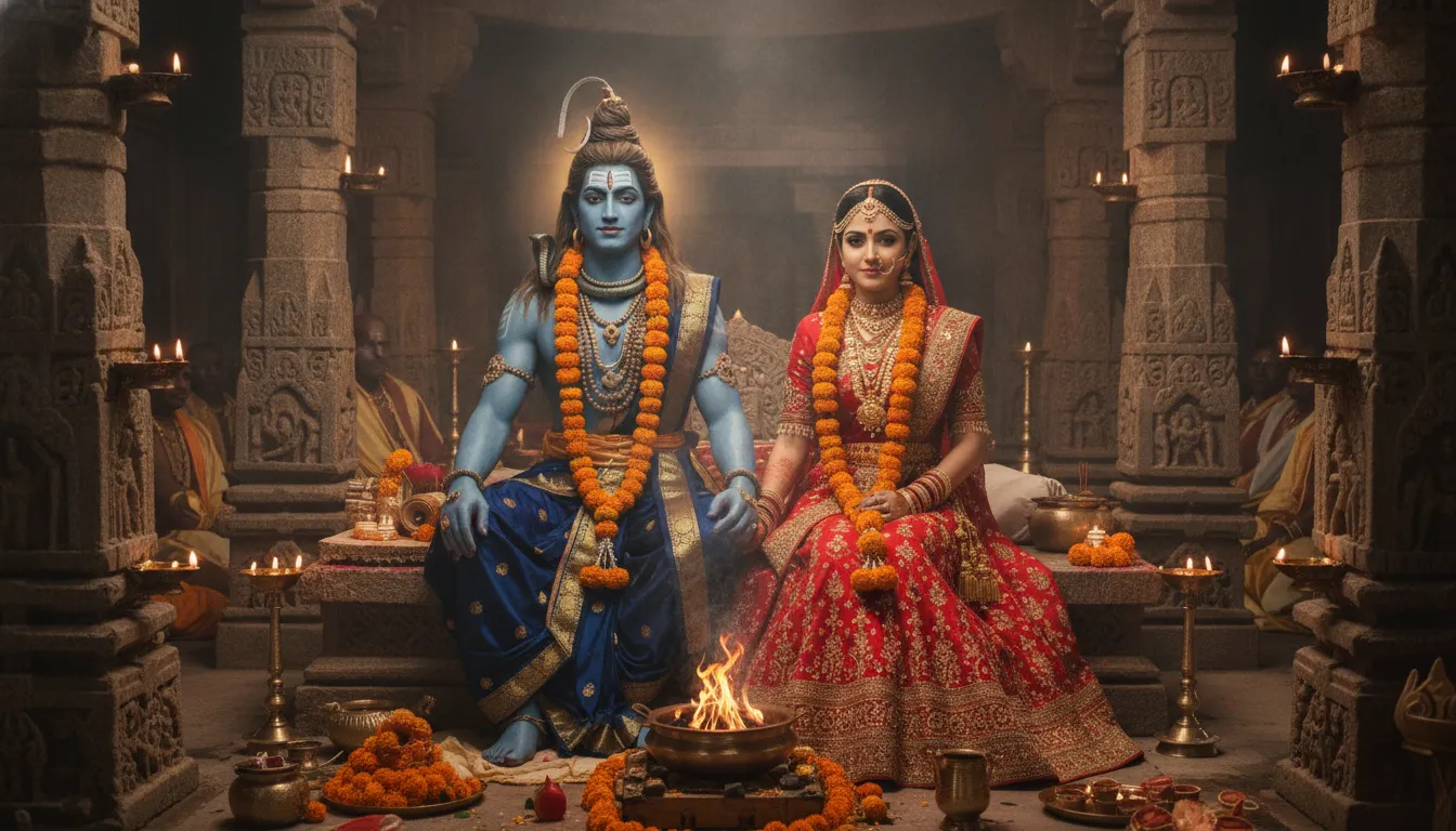 Elaborate wedding portrait of Shiva and Parvati with traditional floral garlands and royal ornaments