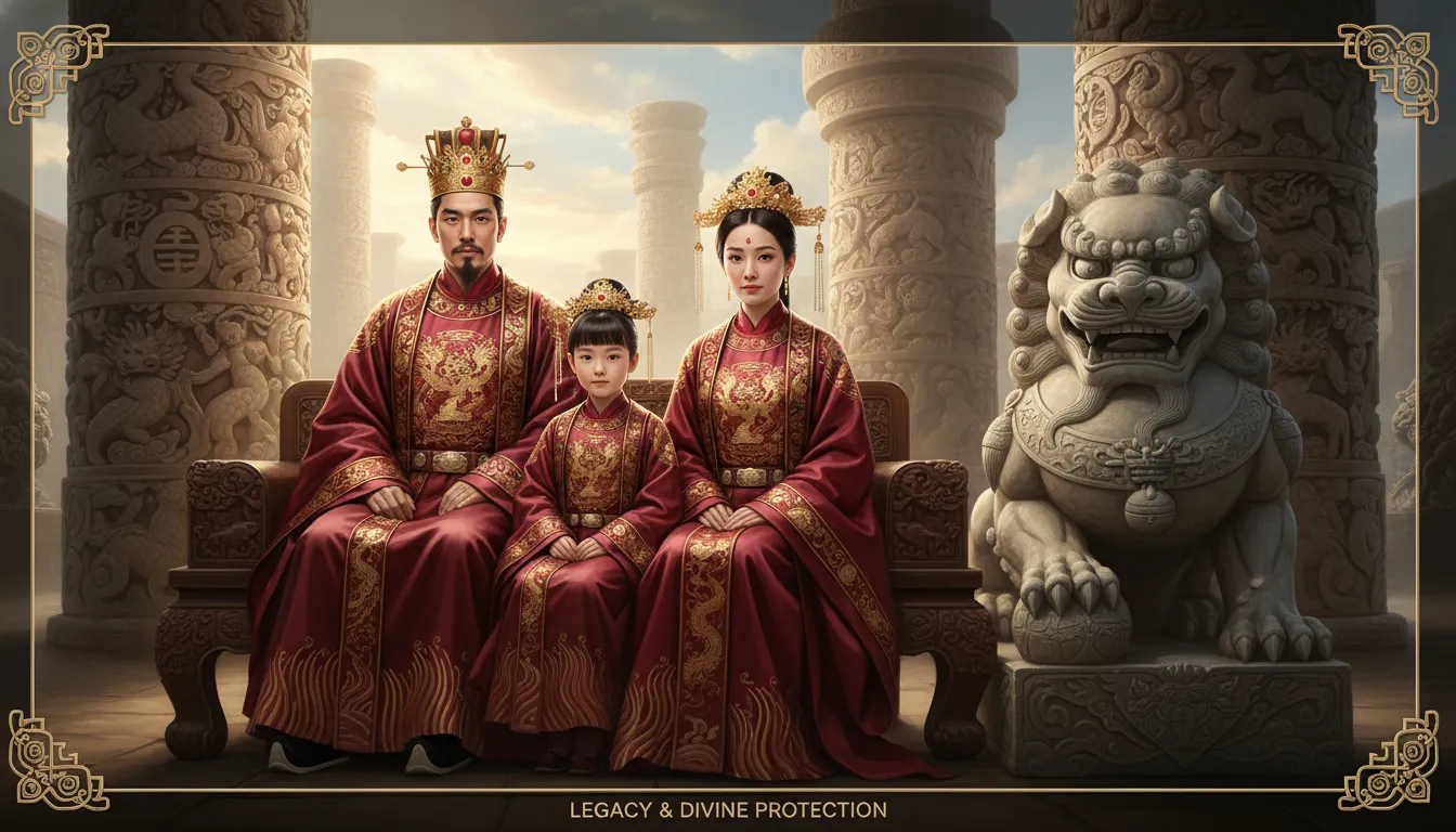 Family in traditional royal attire sitting next to a calm guardian lion
