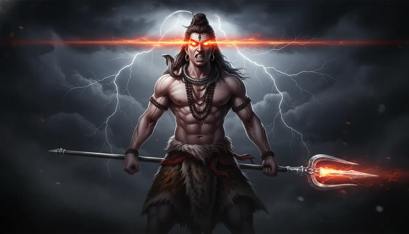 Rudra Avatar Mahadev full screen photo with burning third eye, fierce facial expressions, and lightning background.
