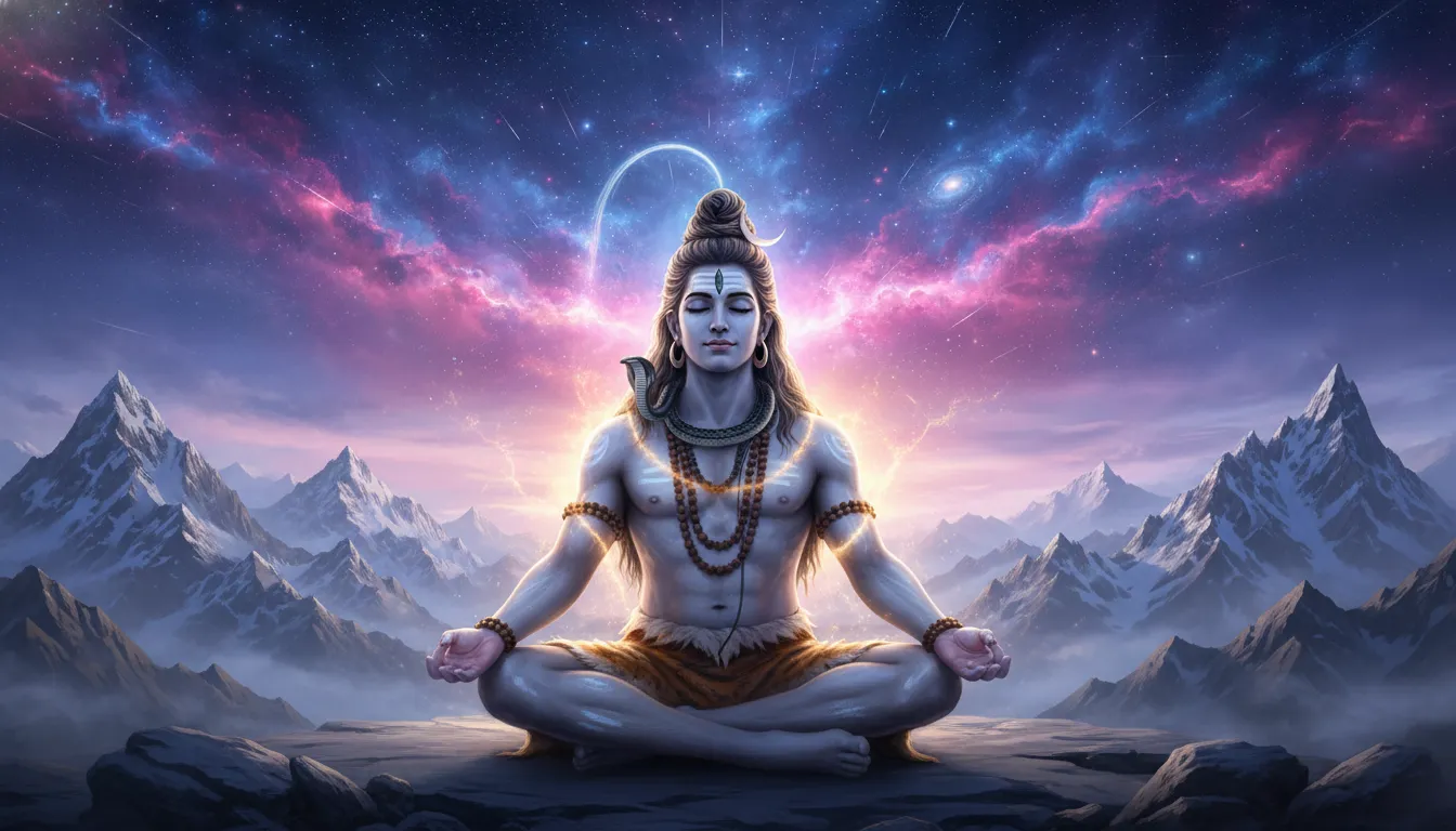 Lord Shiva holding a glowing rudraksha mala while meditating under a bright cosmic light.