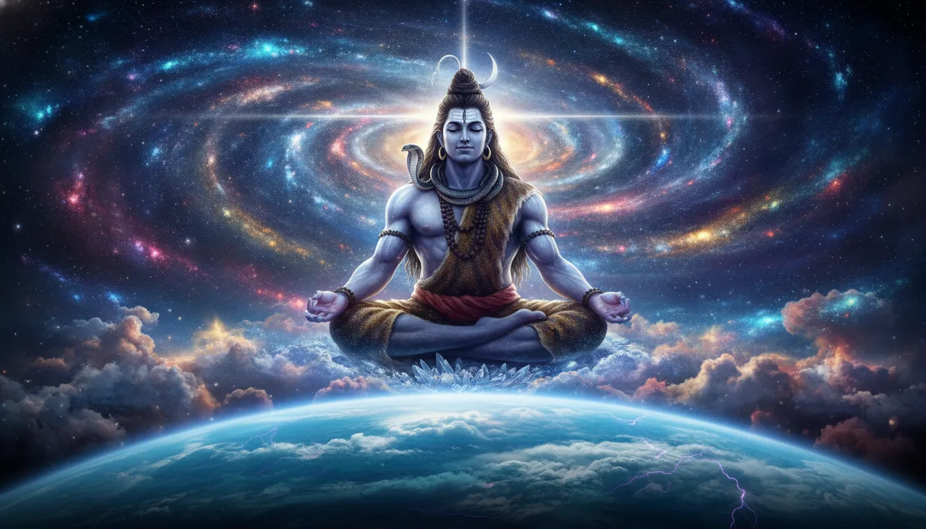 Lord Shiva sitting in a meditative posture surrounded by swirling galaxies, stars, and dark clouds.