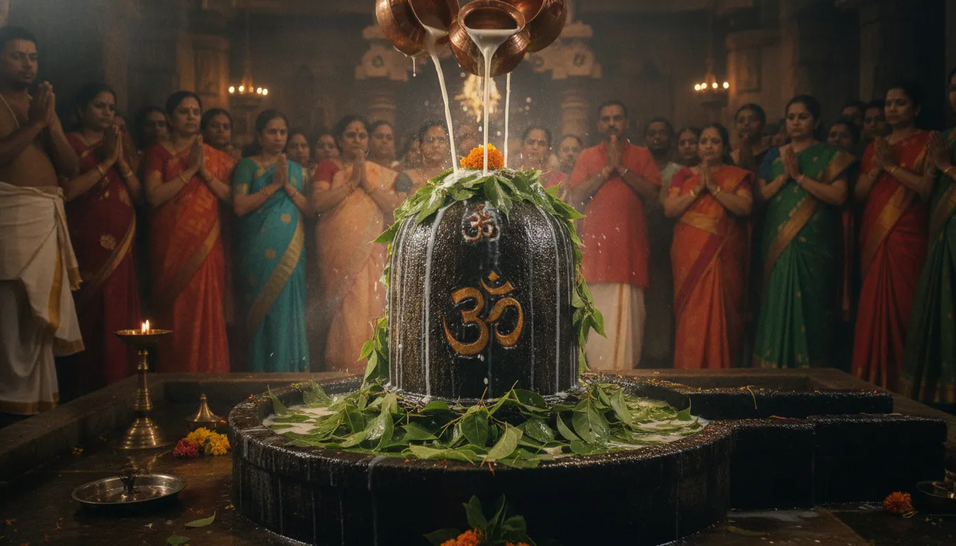 Close-up photograph of hands pouring a mixture of milk and water over a stone Shivling, adorned with Om symbols in gold script and sacred Bael leaves.