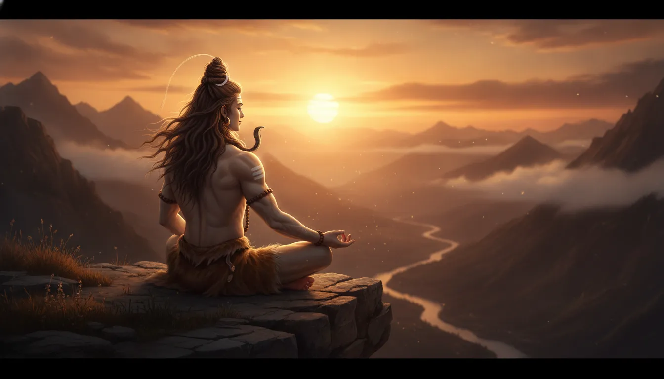 Lord Shiva meditating on a rocky cliff during a vibrant golden hour sunset with warm orange light.