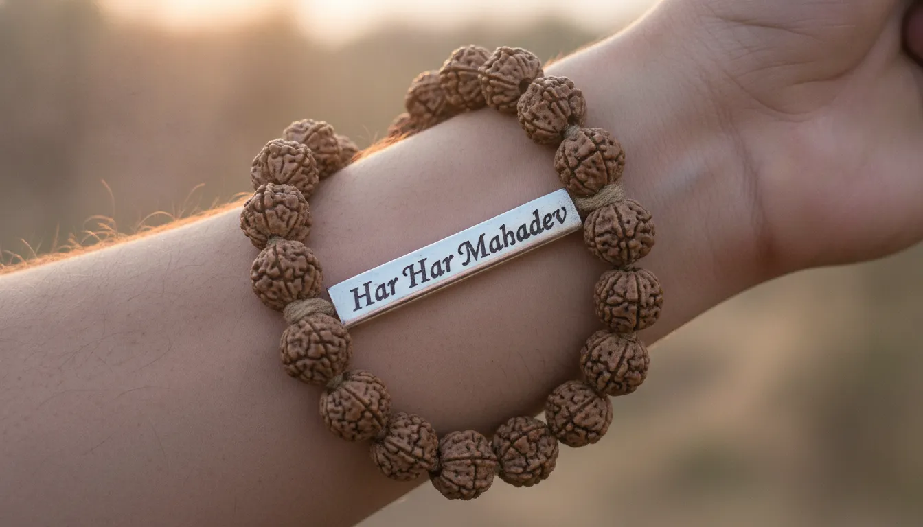 Bracelet style rudraksha bead band tattoo with Har Har Mahadev lettering on forearm.