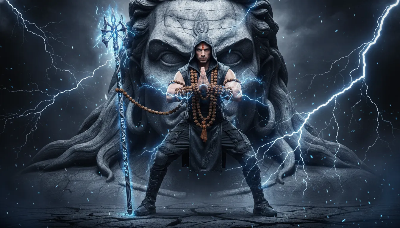 Fierce Rudraksha warrior Mahadev photo edit with glowing blue aesthetic