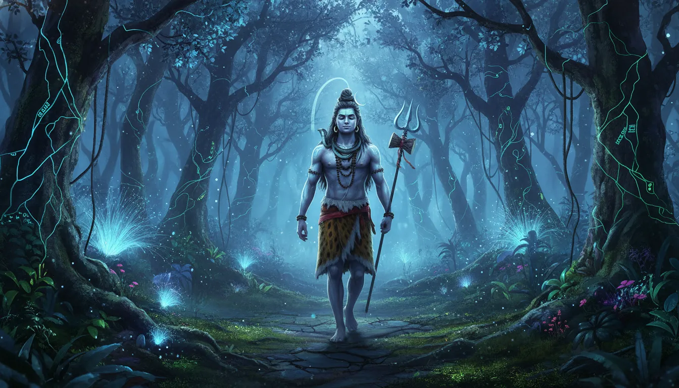 An abstract digital painting of Lord Shiva walking gracefully among neon green and electric blue trees.