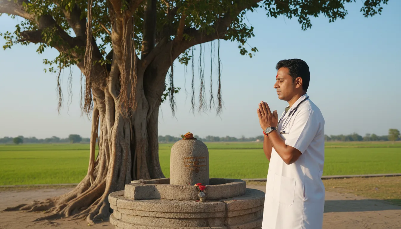 A dedicated rural doctor joining hands in front of a traditional village Shivling under a banyan tree.
