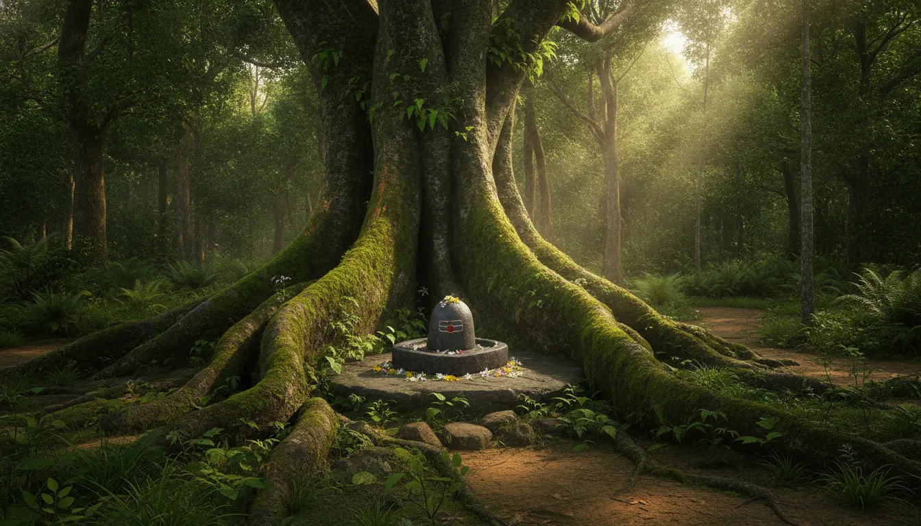 Ancient stone Shivling inside a deep green mystical forest under a tree roots canopy