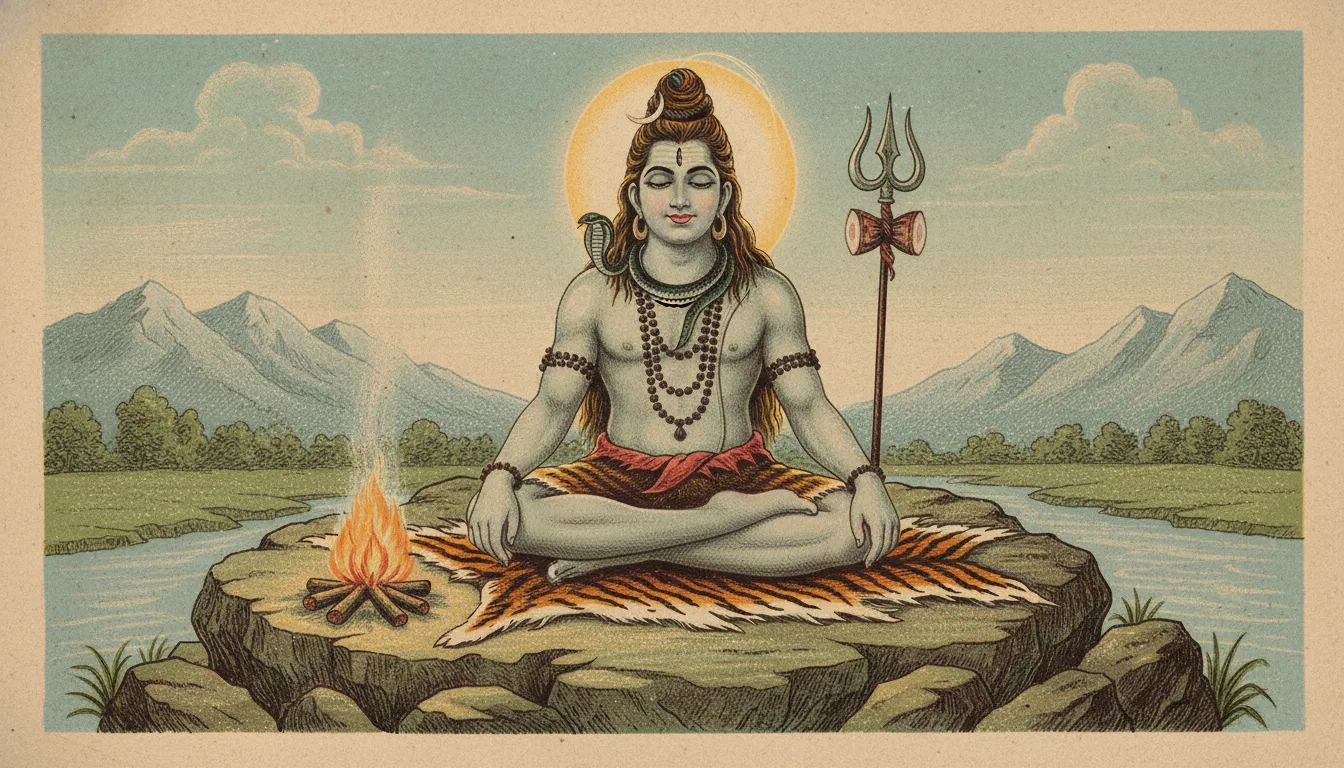 A rustic lithograph print of Lord Shiva meditating peacefully in nature.