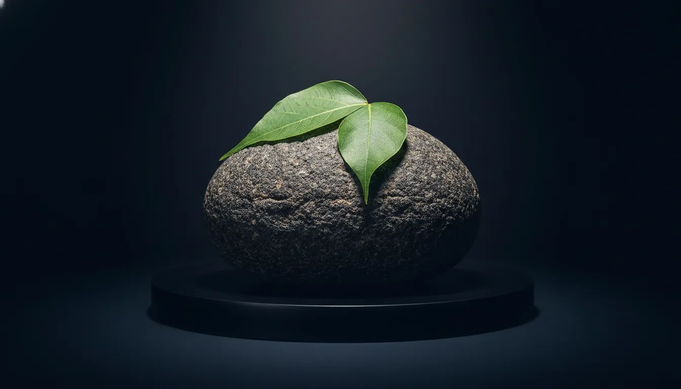 Rustic texture stone Shivling with organic Bili Patra leaf under spot lighting against a dark blue background.