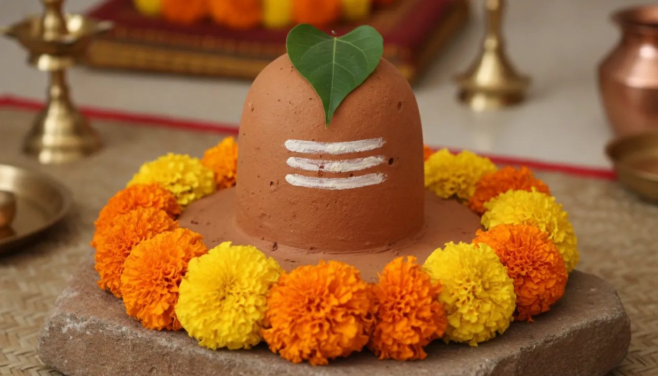 An amazing handmade terracotta clay shivling adorned with fresh orange marigold flowers.
