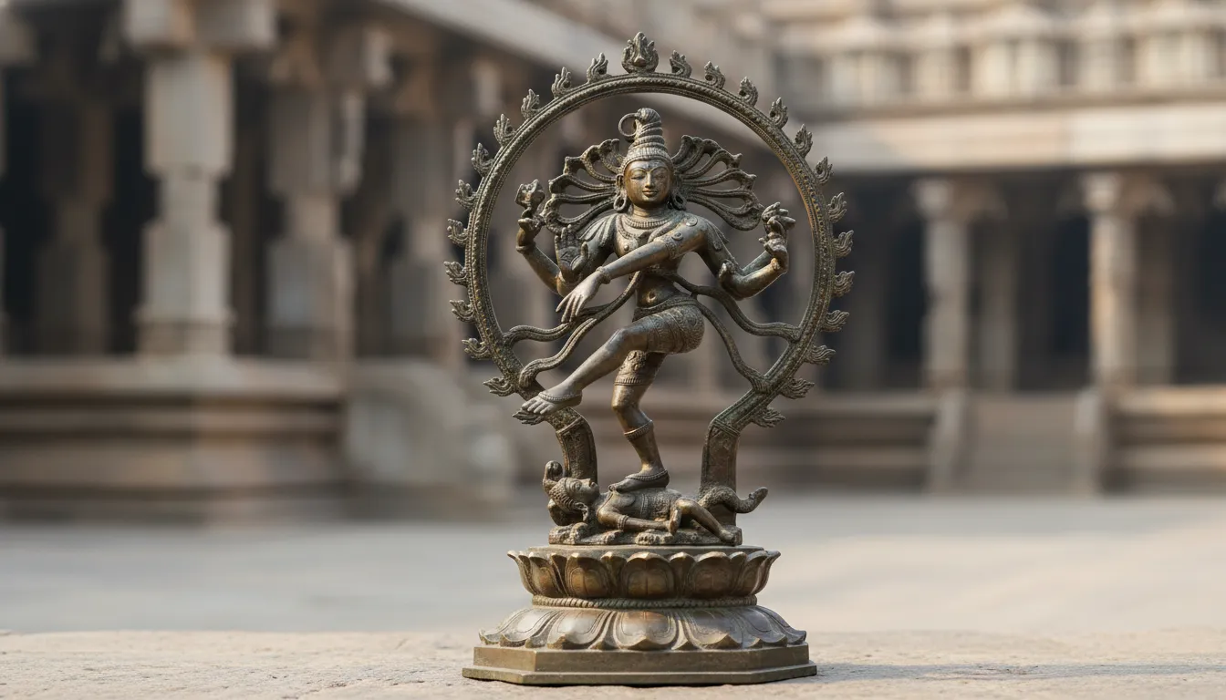 Rustic finished bronze dancing Shiva icon standing beautifully on a multi-layered lotus base