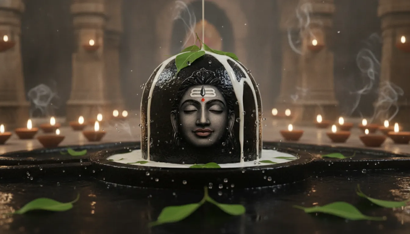 A realistic temple scene image of lord shiva in shivling during a traditional holy water and milk offering.