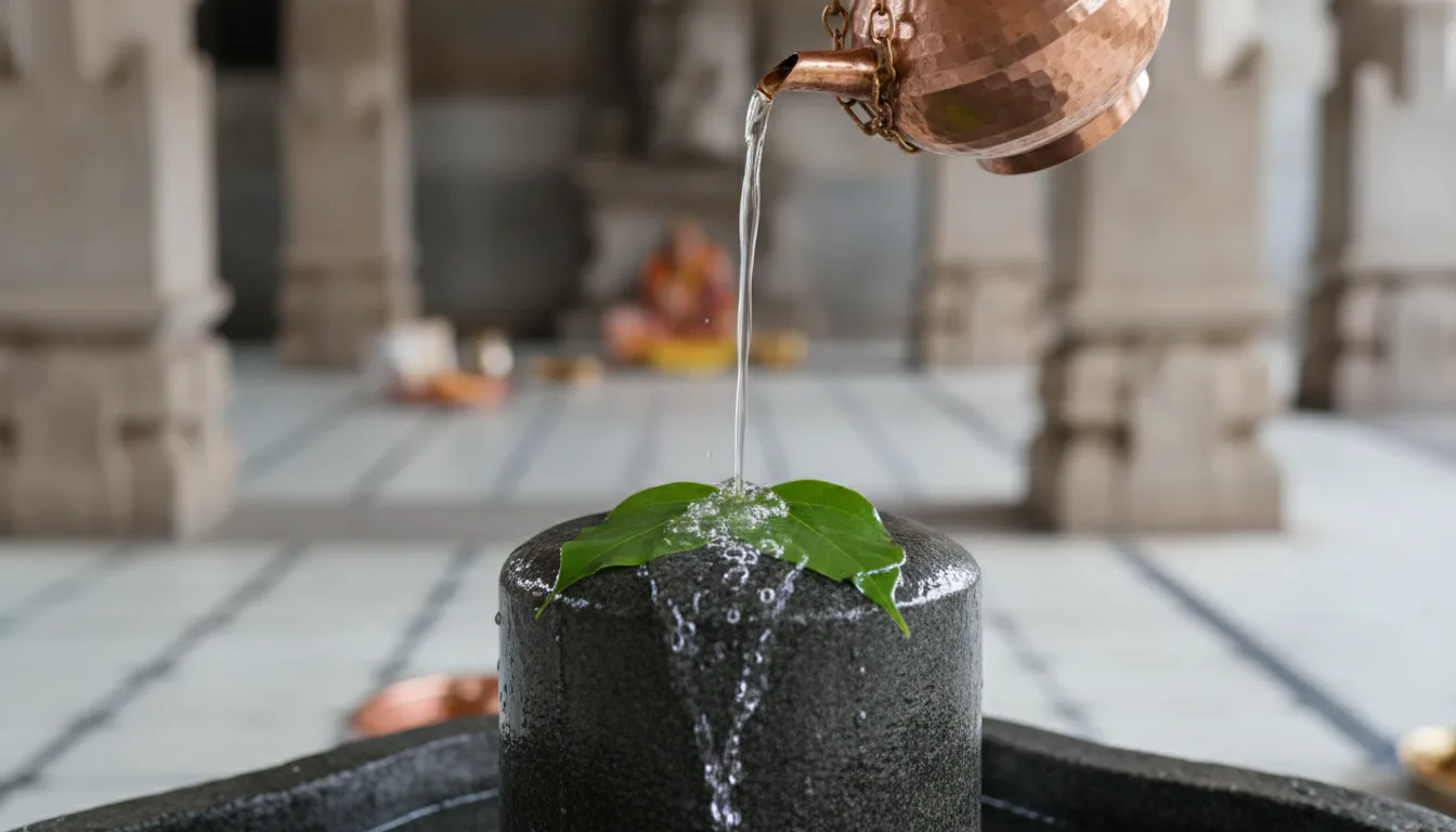 Action shot during a holy abhishek ritual displaying a pouring stream of water over an image of shivling with bilva patra.