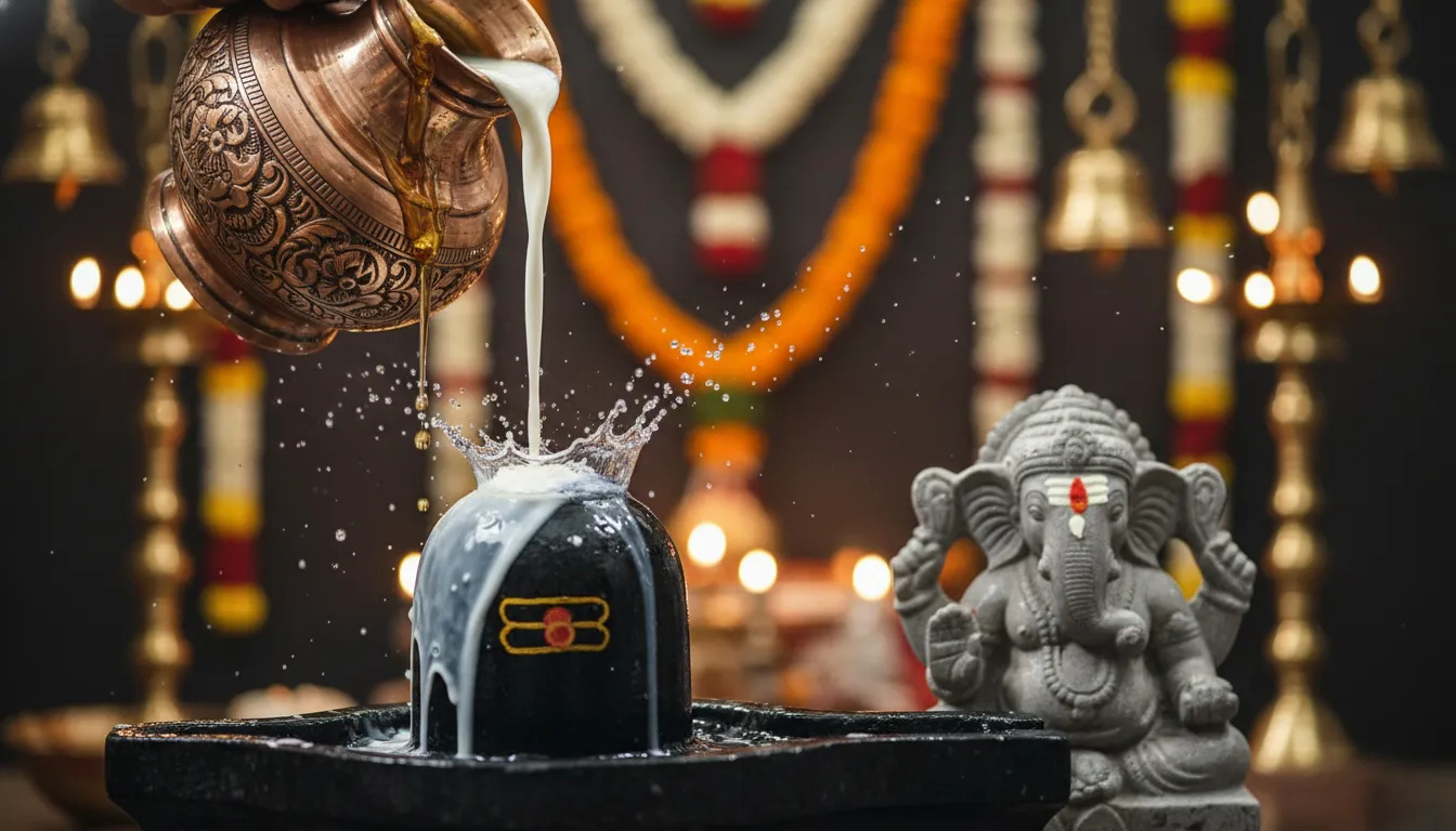 Ritual abhishek full hd images of shivling with ganesha during Shravan Maas celebration with milk and honey.