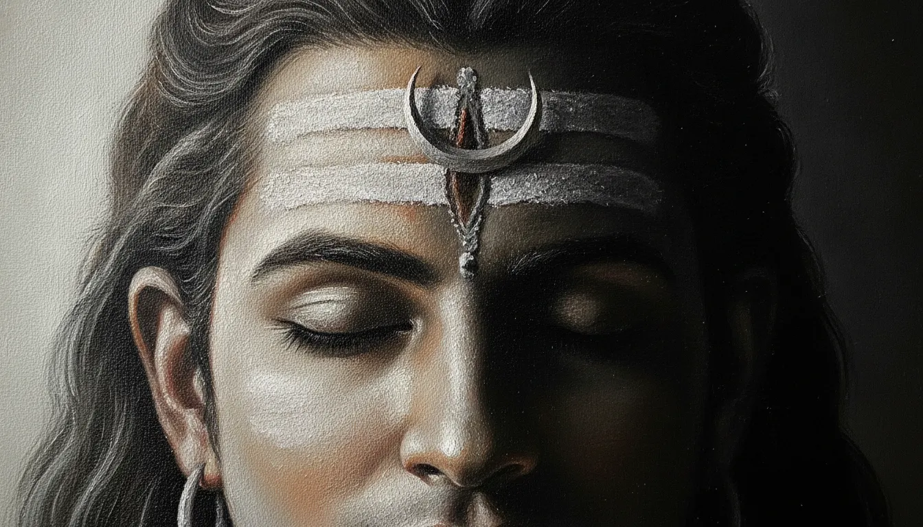 Spiritual artwork of Shiva with detailed sacred ash markings on a dramatically lit face against black.