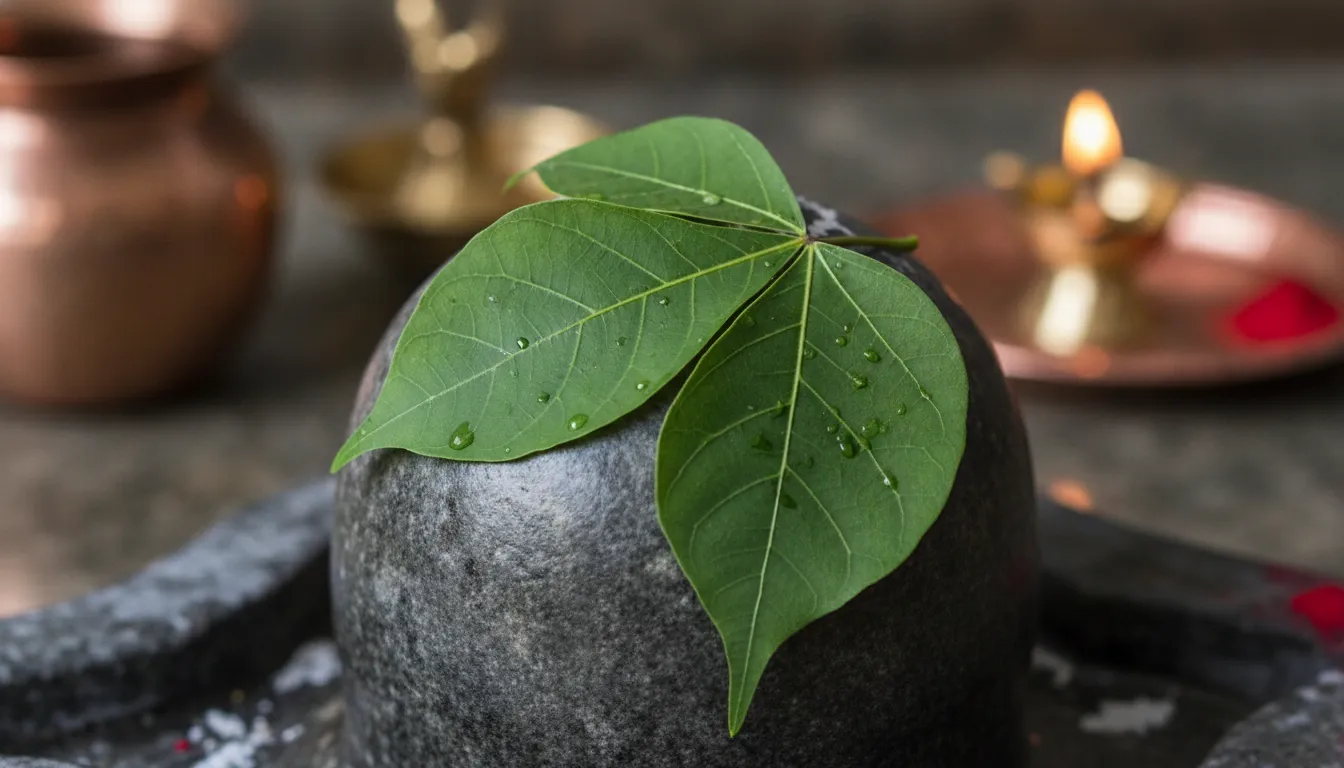 Close-up shivling image black and white with a sacred Bel Patra leaf on top.