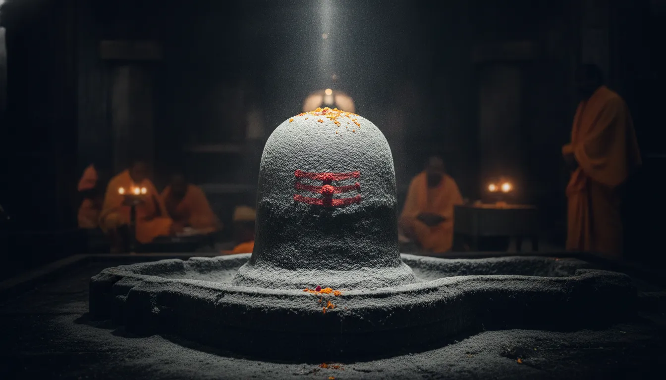 Gola Gokarn Nath Shivling covered in sacred ash bhasma during early morning aarti