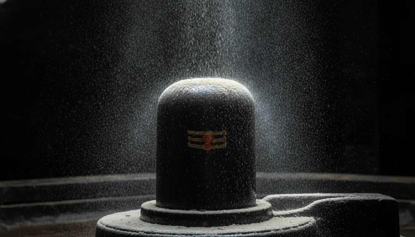 HD image of holy ash being gently showered upon the Kashi Vishwanath Shivling during a live ritual.