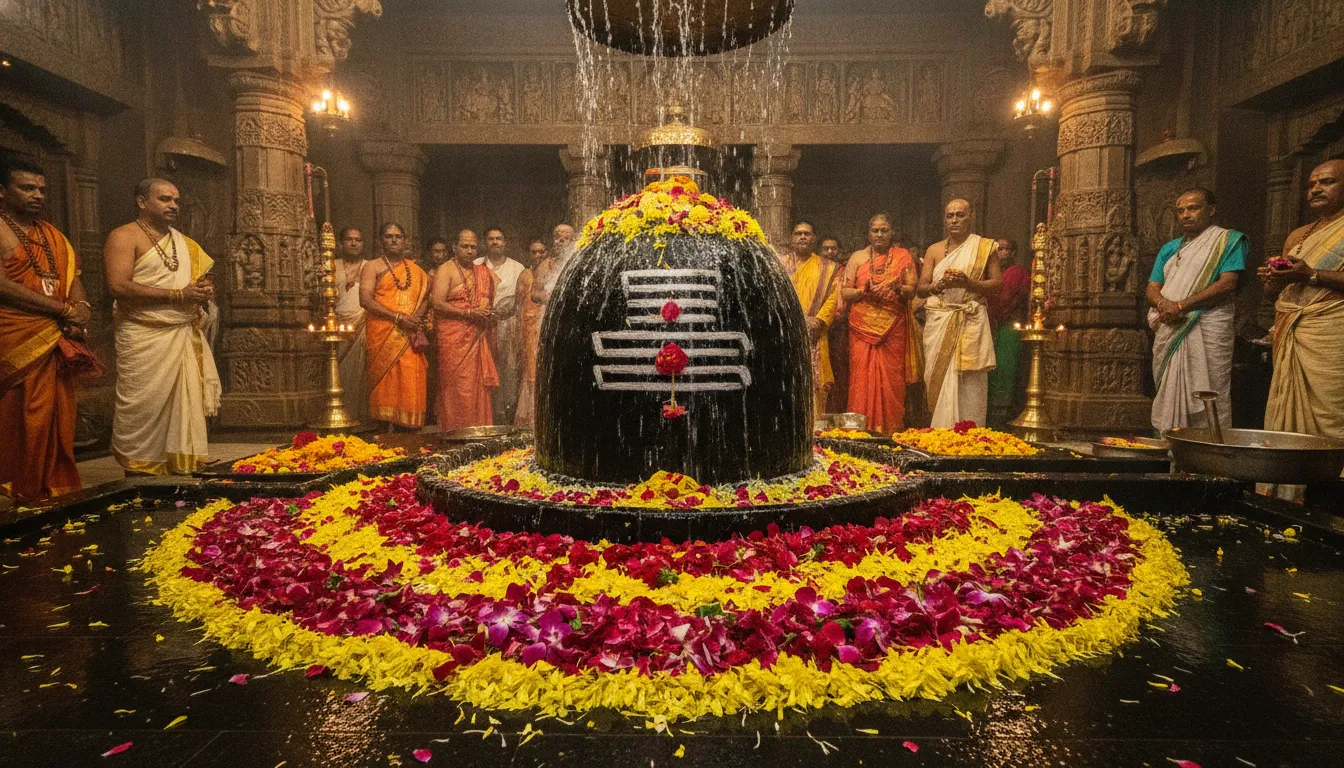 Shivling decorated with sacred white ash and colorful flower petals