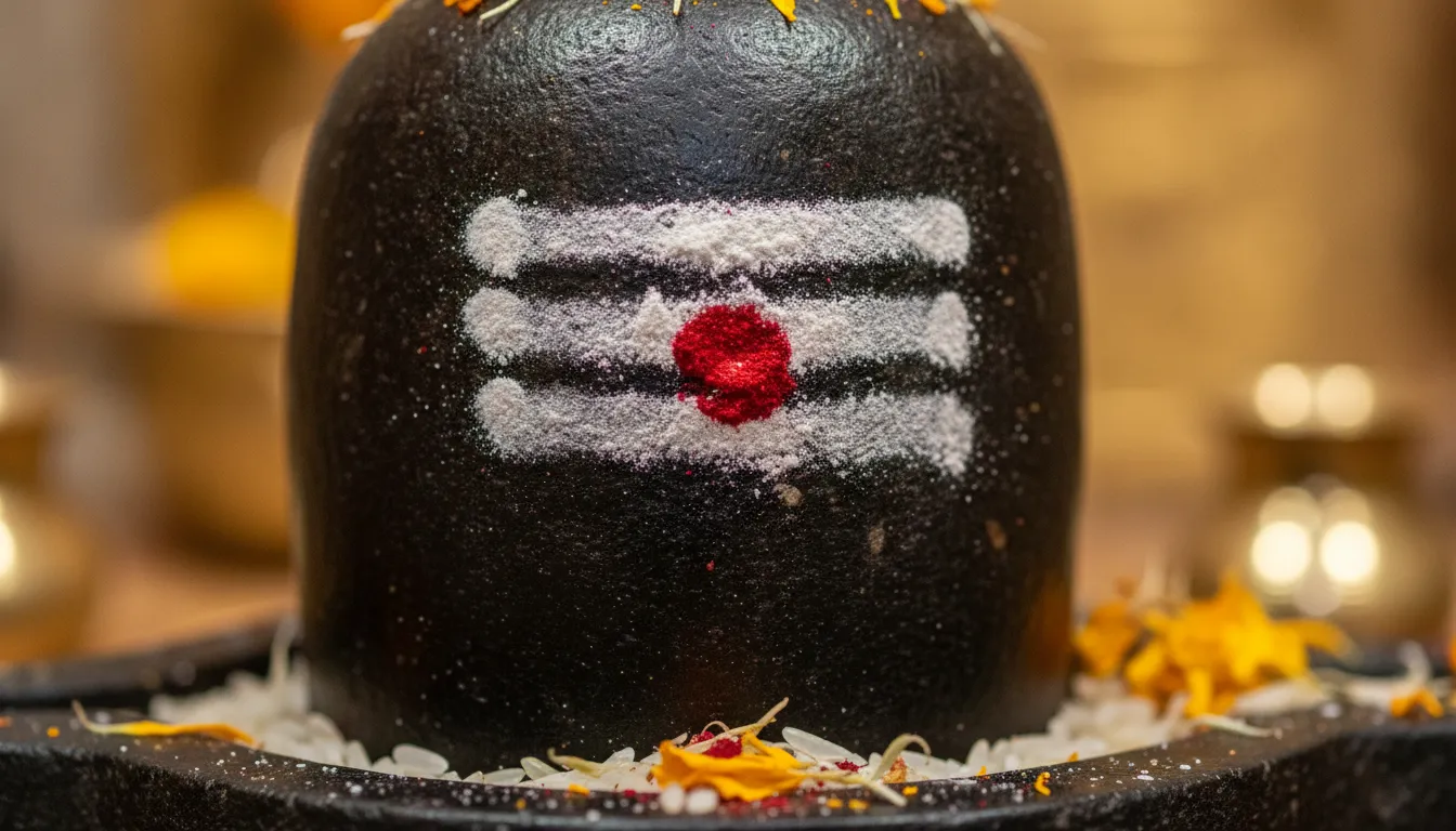 Close-up of the silver Tripundra symbol and red kumkum tilak marked on the black Singheshwar Mandir Shivling.
