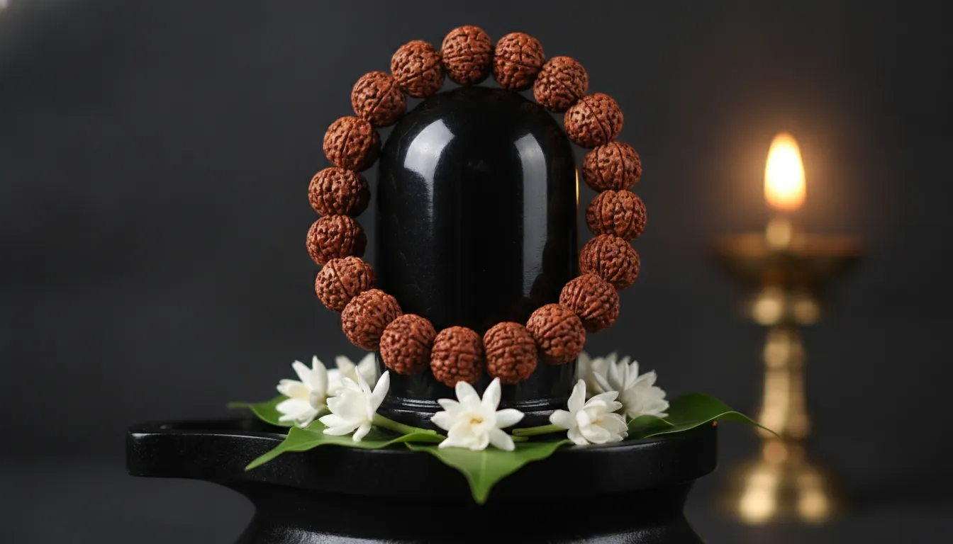 Close-up of a glossy black stone Shivling decorated with a garland of brown Rudraksha beads and white flowers.