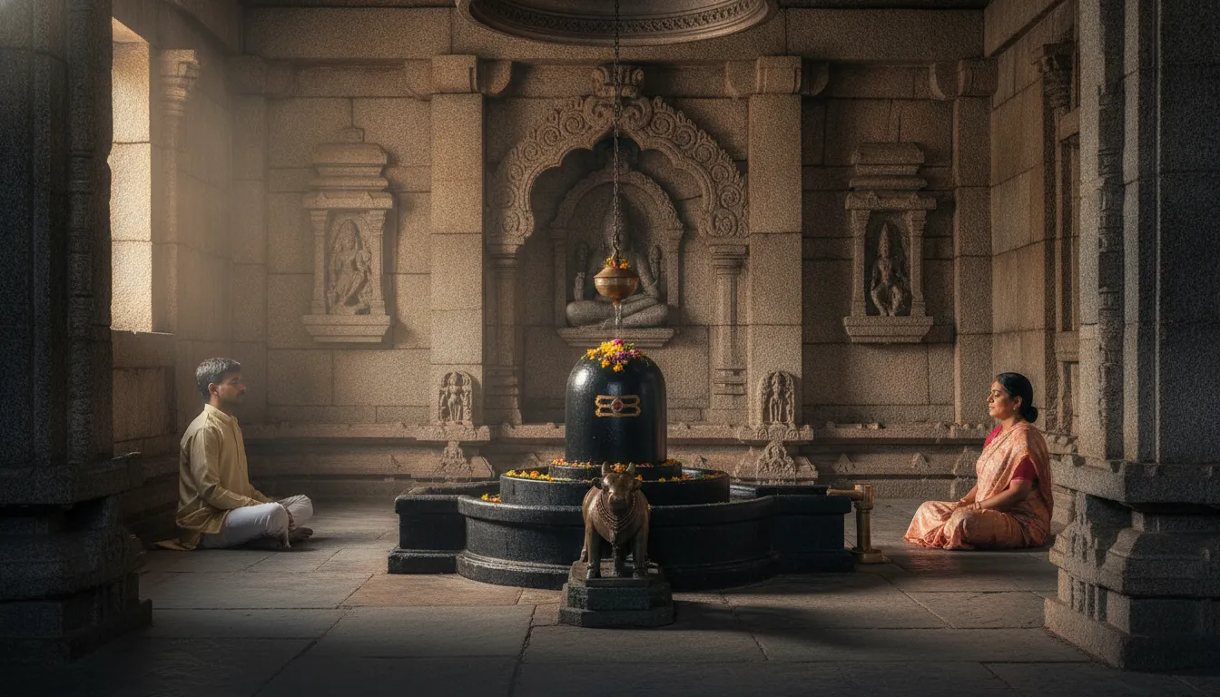 Sacred black stone Bholenath Shivling inside an ancient stone temple sanctuary with soft lighting